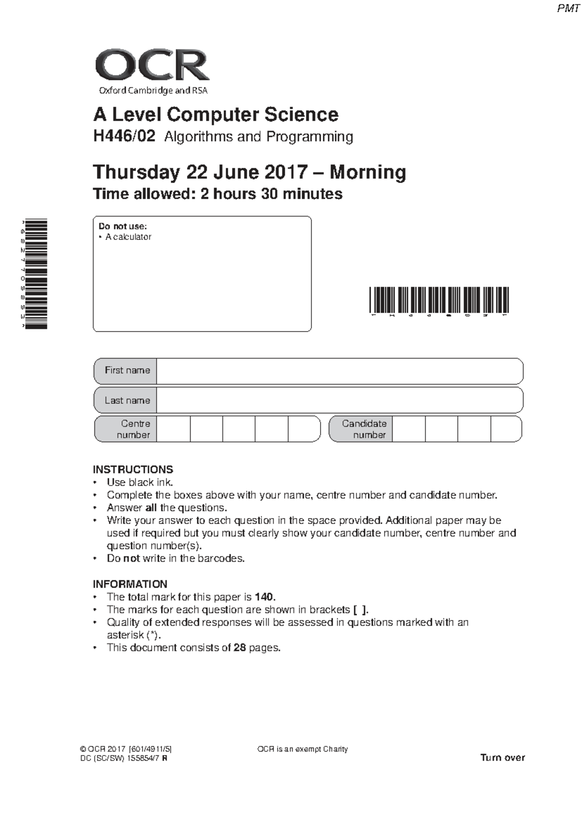 June 2017 A Level Computer Science Paper 2 - Algorithms & Programming ...
