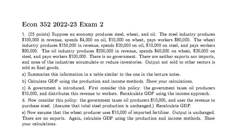 Econ 352 Sample Exam 2 Questions and GDP Calculations - Studocu