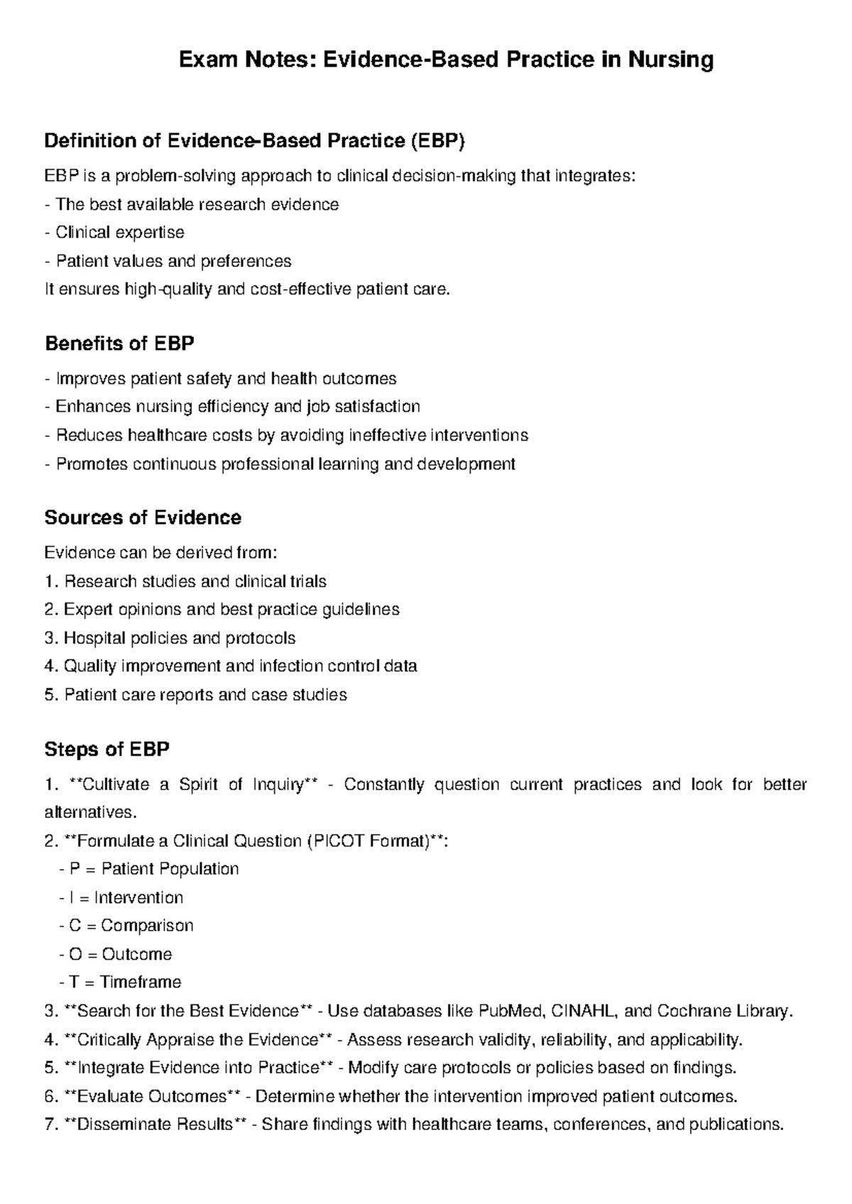 Exam Notes EBP - Exam Notes: Evidence-Based Practice in Nursing ...