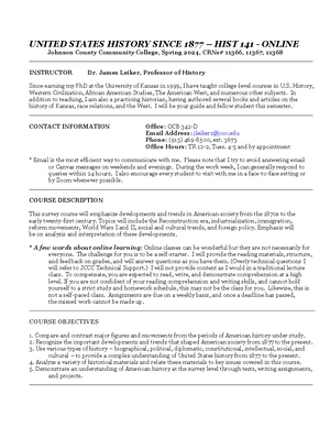 HIST 141 Online Syllabus: U.S. History Since 1877 - Spring 2024 - Studocu
