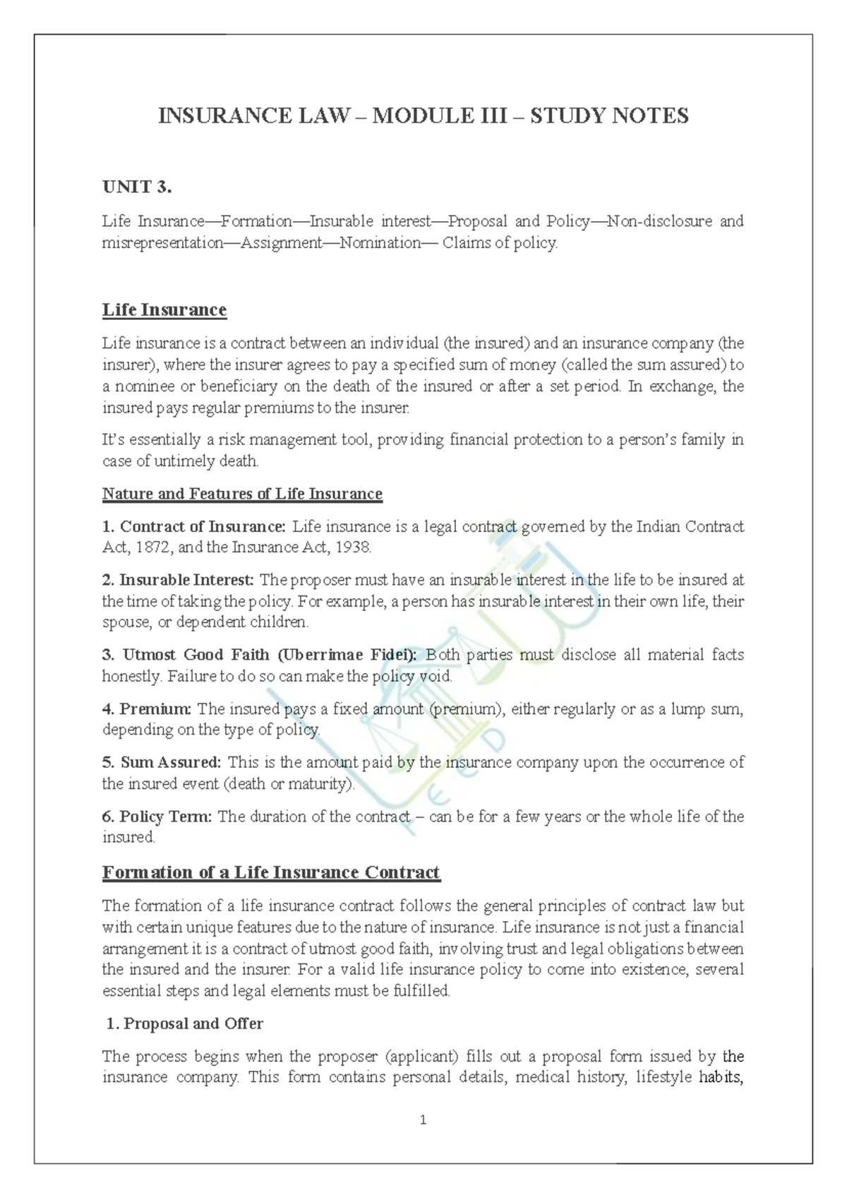 INSURANCE LAW MODULE STUDY NOTES UNIT 3: Life Insurance Overview - Studocu