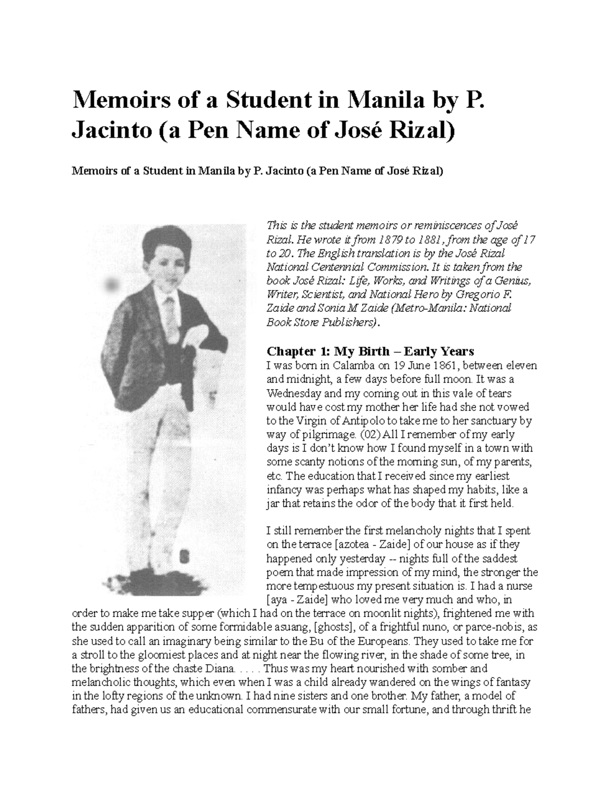Memoirs of a Student in Manila: José Rizal's Early Life and Education ...
