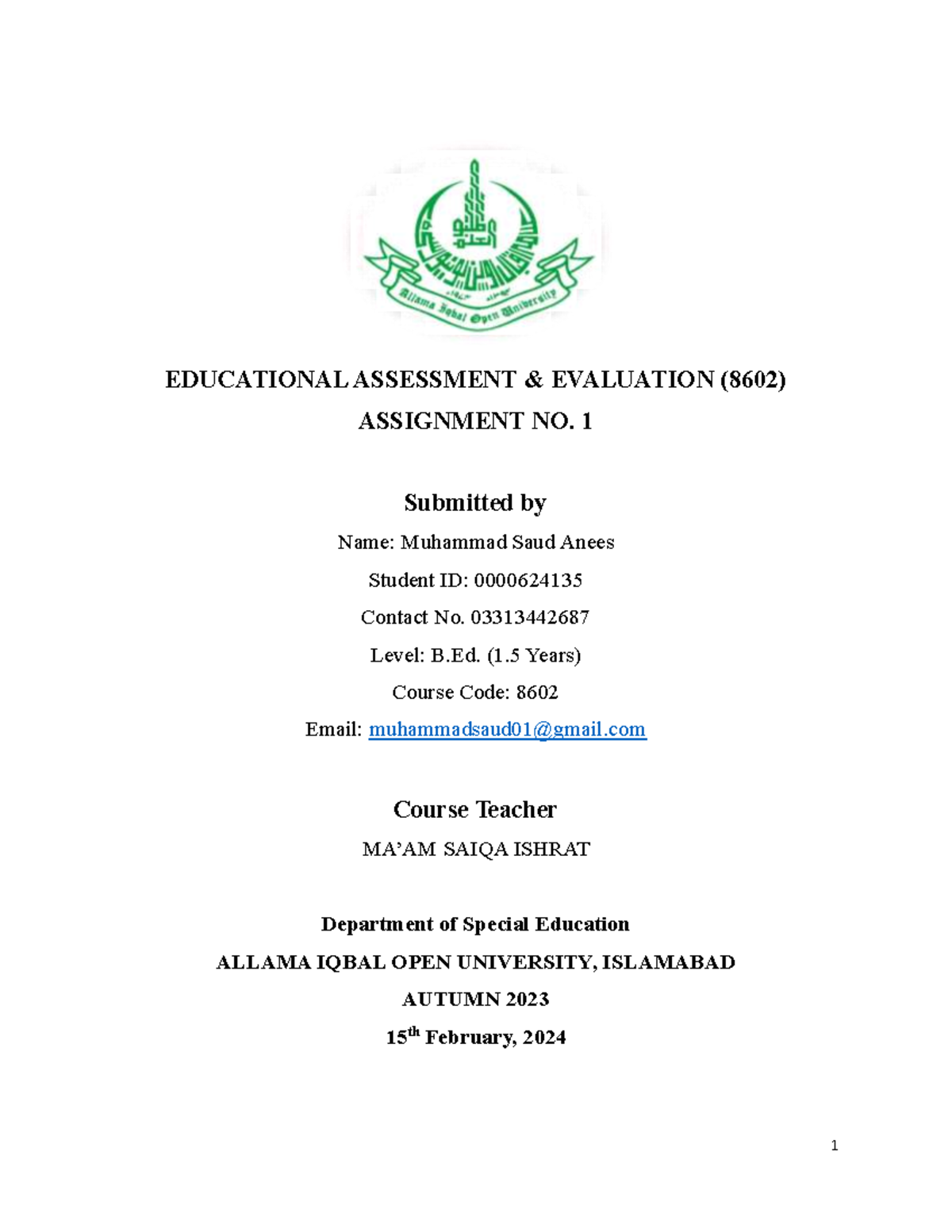 Assignment 01 - Educational Assessment & Evaluation (8602) - Autumn ...
