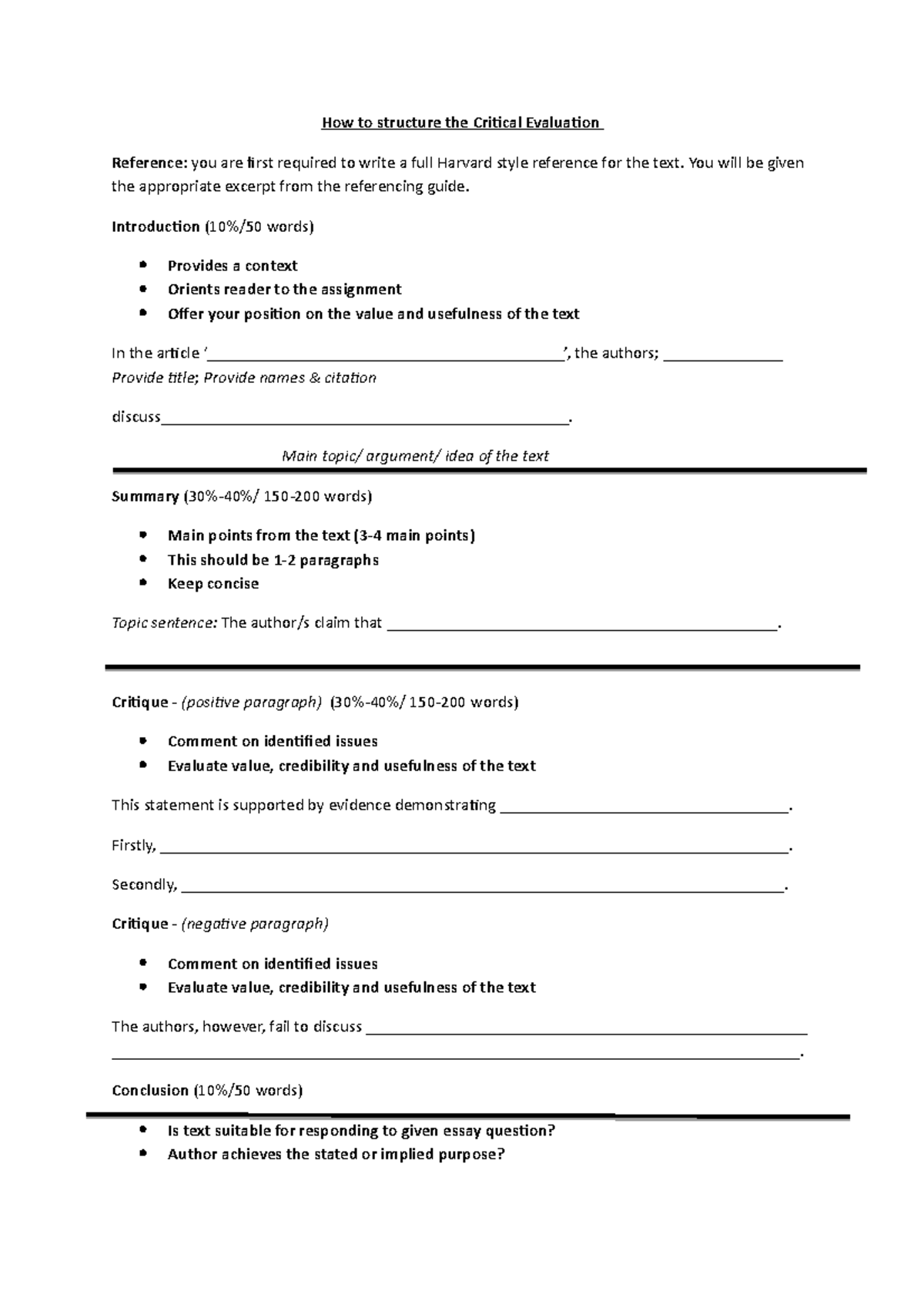How to structure the Critical Evaluation Tip sheet - How to structure ...
