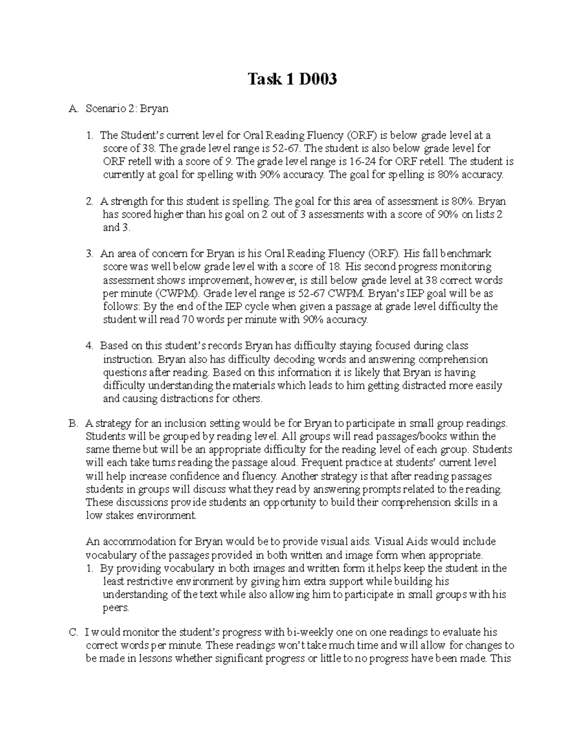 D003 Task 1 - Strategies for Supporting Bryan's Learning Needs - Studocu