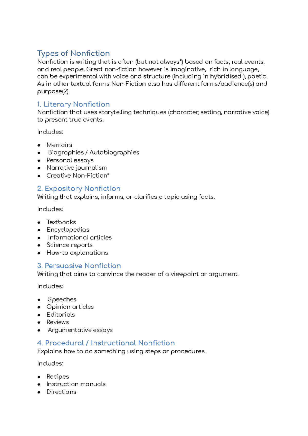 English YR 11 Notes: Types of Nonfiction Explained - Studocu