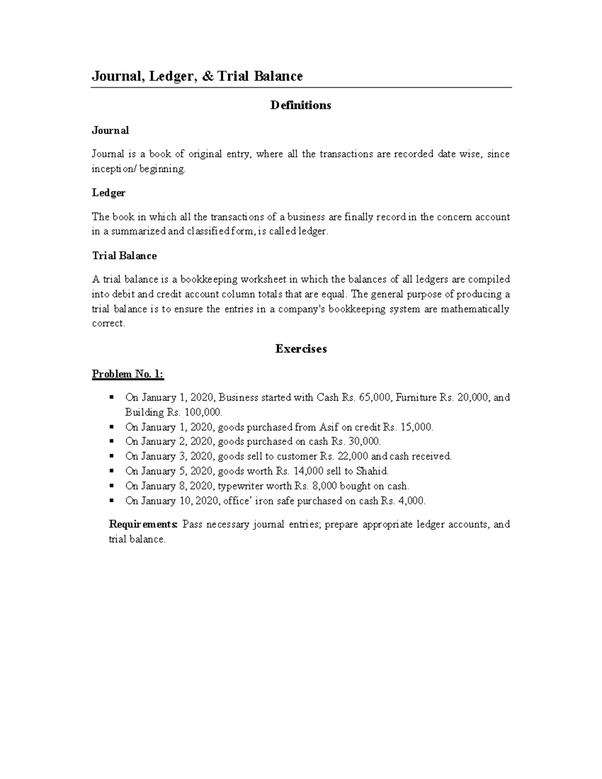 Journal, Ledger And Trial Balance Problems And Solutions – MVAC