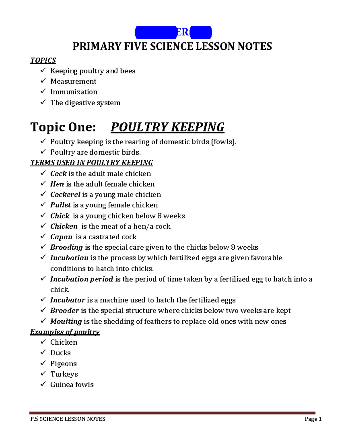 P 5-BEST-Science-Lesson-Notes-Term-1-Poultry-Management-Overview - Studocu