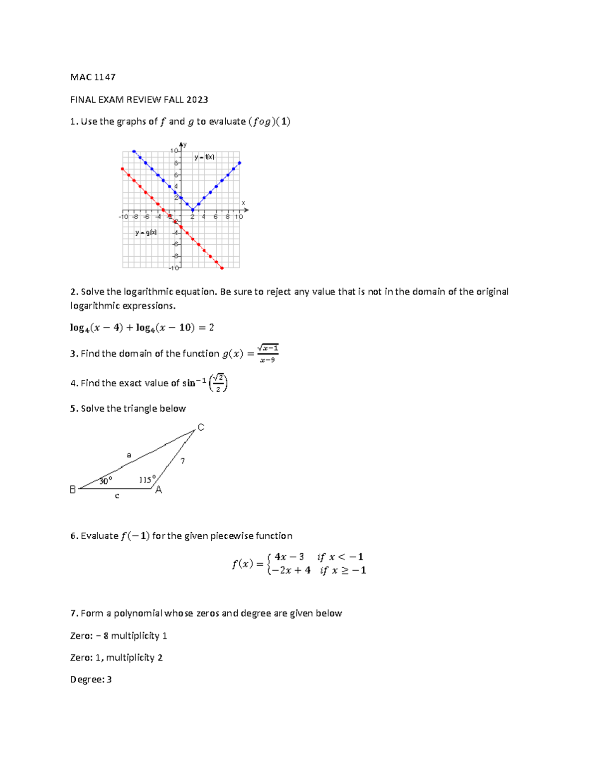 MAC 1147 Final Exam Review - Key Topics and Problem Solutions - Studocu
