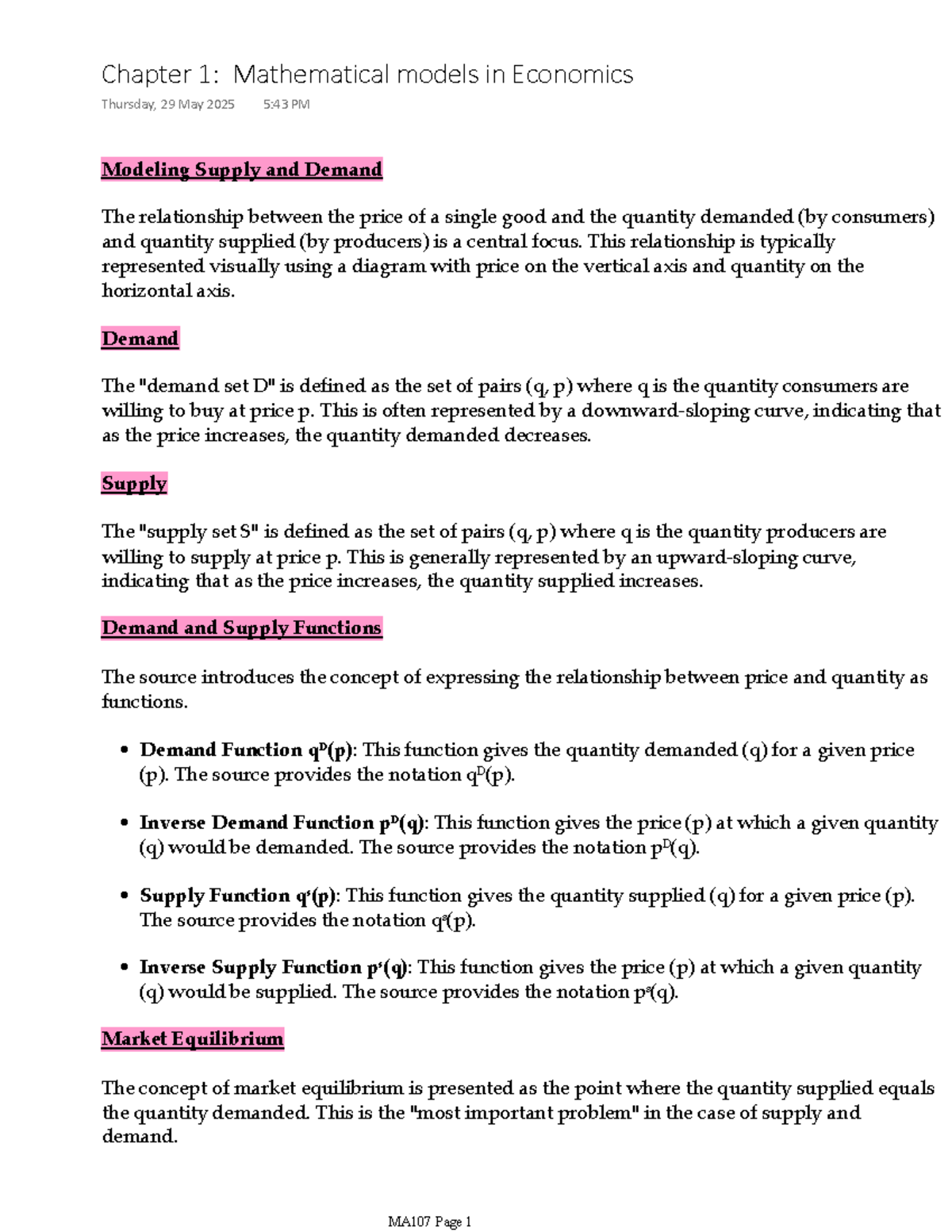 MA107 Chapter 1: Mathematical Models in Economics and Supply-Demand ...