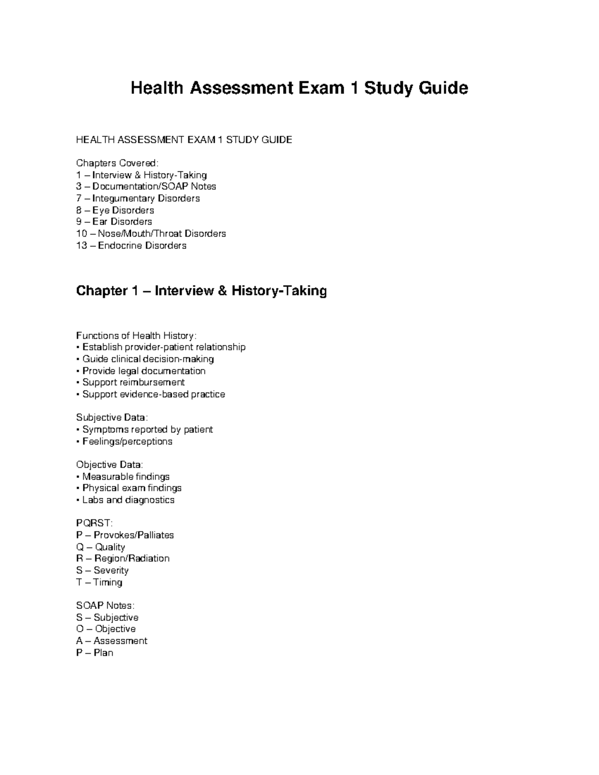 HEALTH ASSESSMENT EXAM 1 STUDY GUIDE: Key Concepts & Disorders - Studocu
