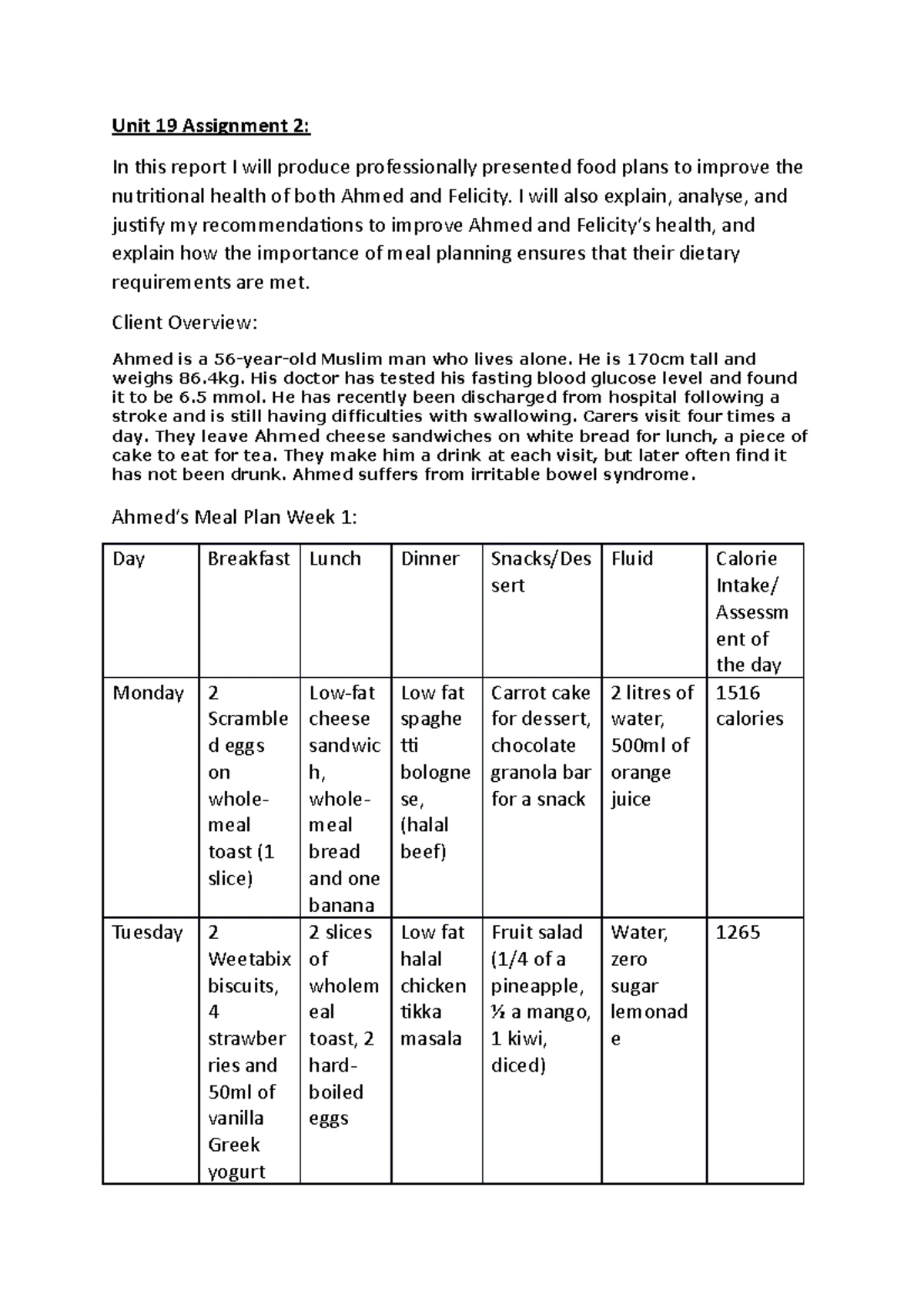 Unit 19 Assignment 2: Nutritional Meal Plans for Ahmed & Felicity - Studocu