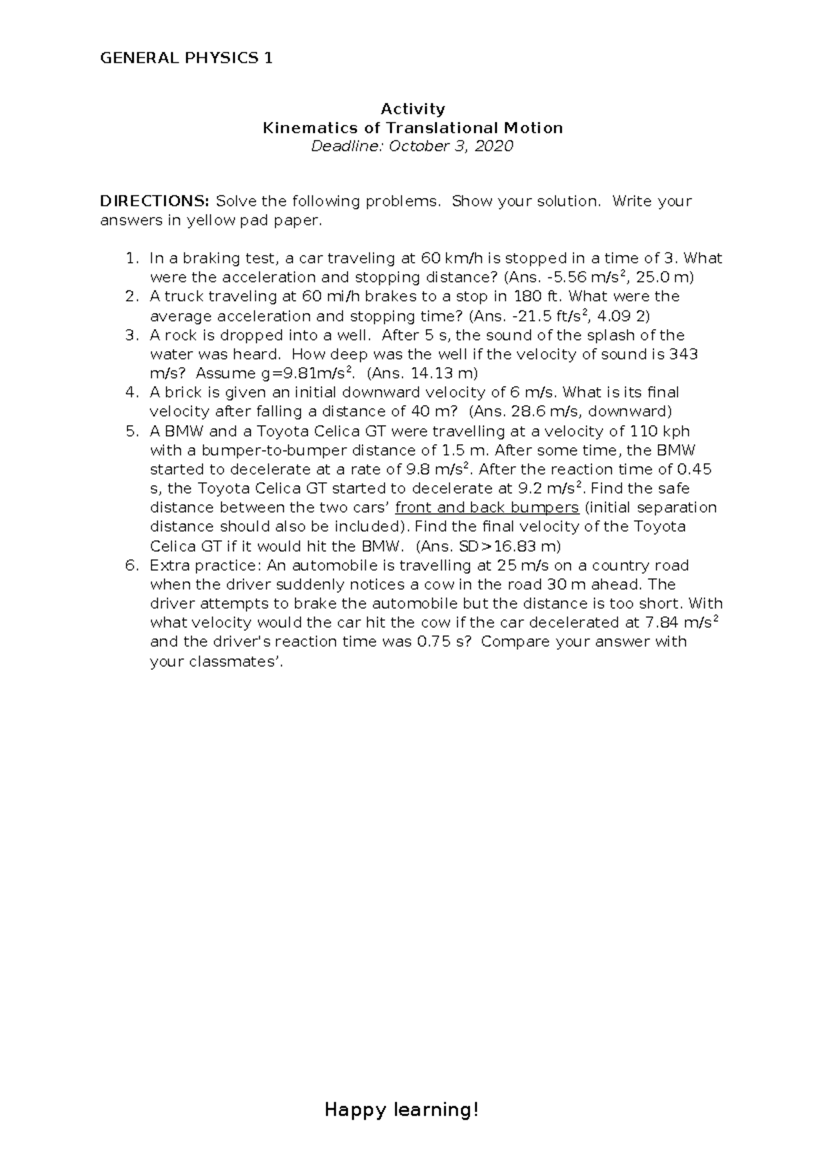 Kinematics Problems for General Physics 1 (Activity) - Studocu