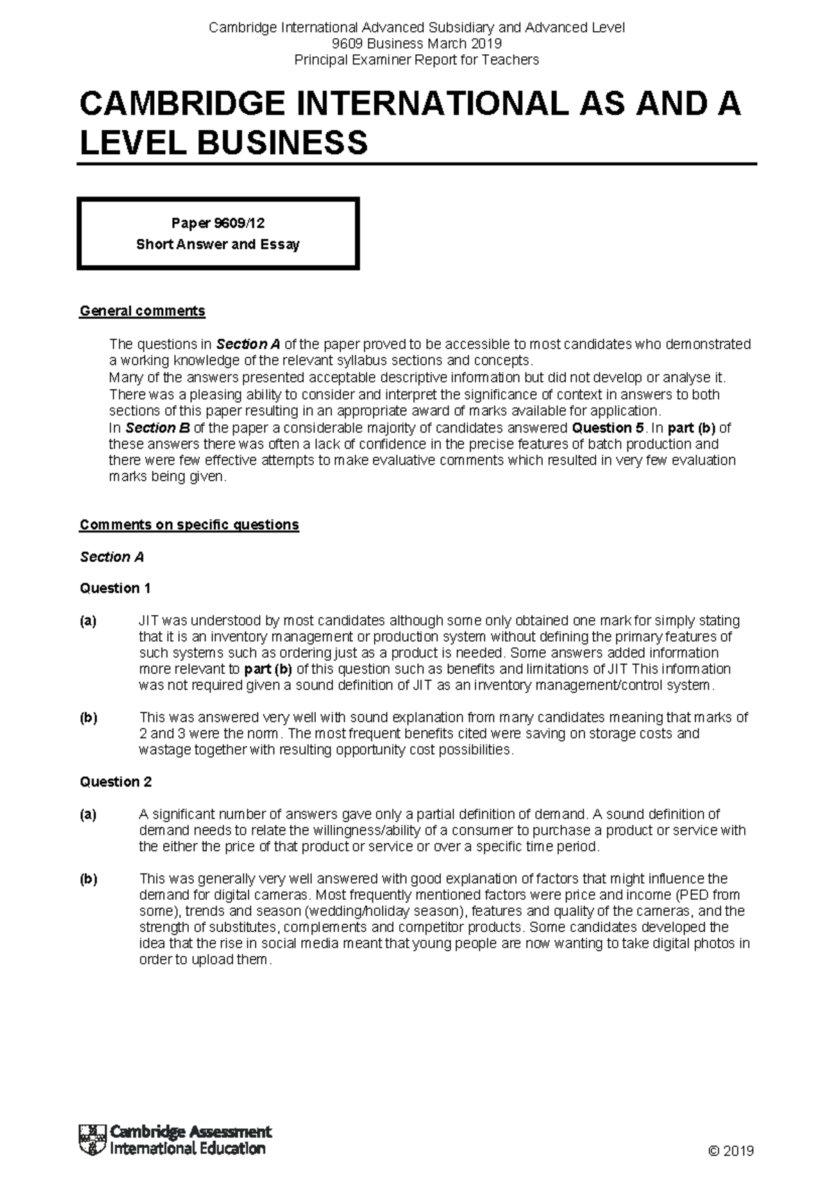 2019 Cambridge International AS & A Level 9609 Business Exam Report ...