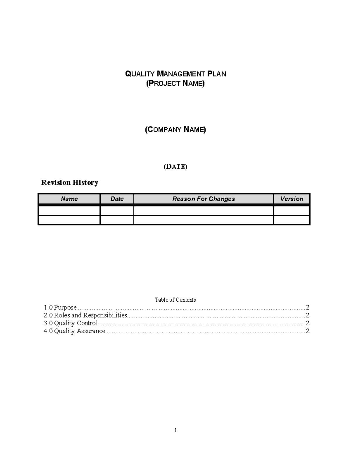 Quality Management Plan Template (Project Name) - Revision History ...