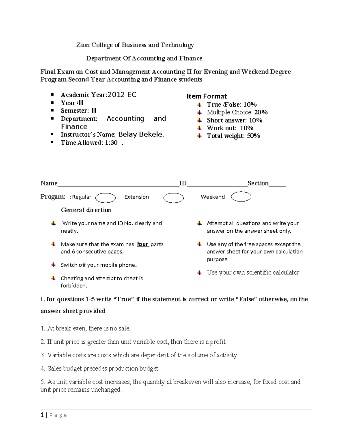 Cost and MGT Acc II - Final Exam Guide for Evening & Weekend Students ...