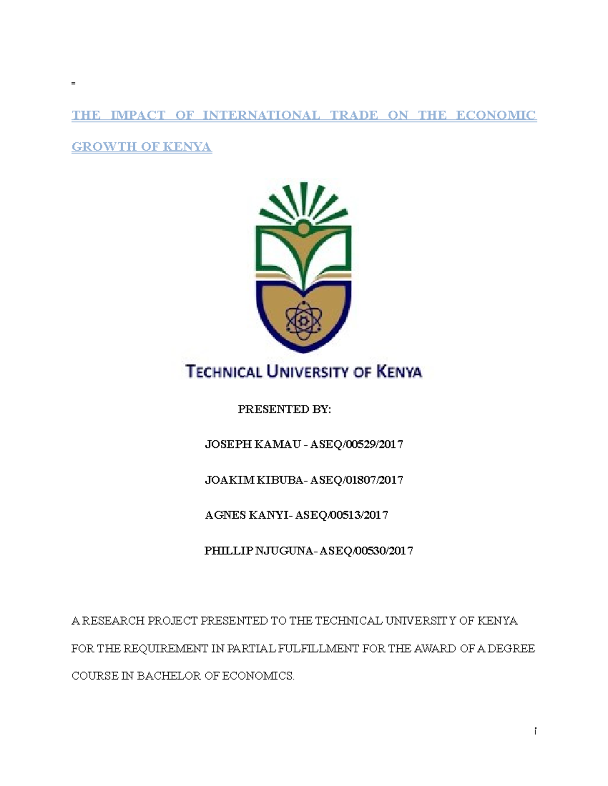 The Impact of International Trade on Economic Growth in Kenya (B.Econ ...