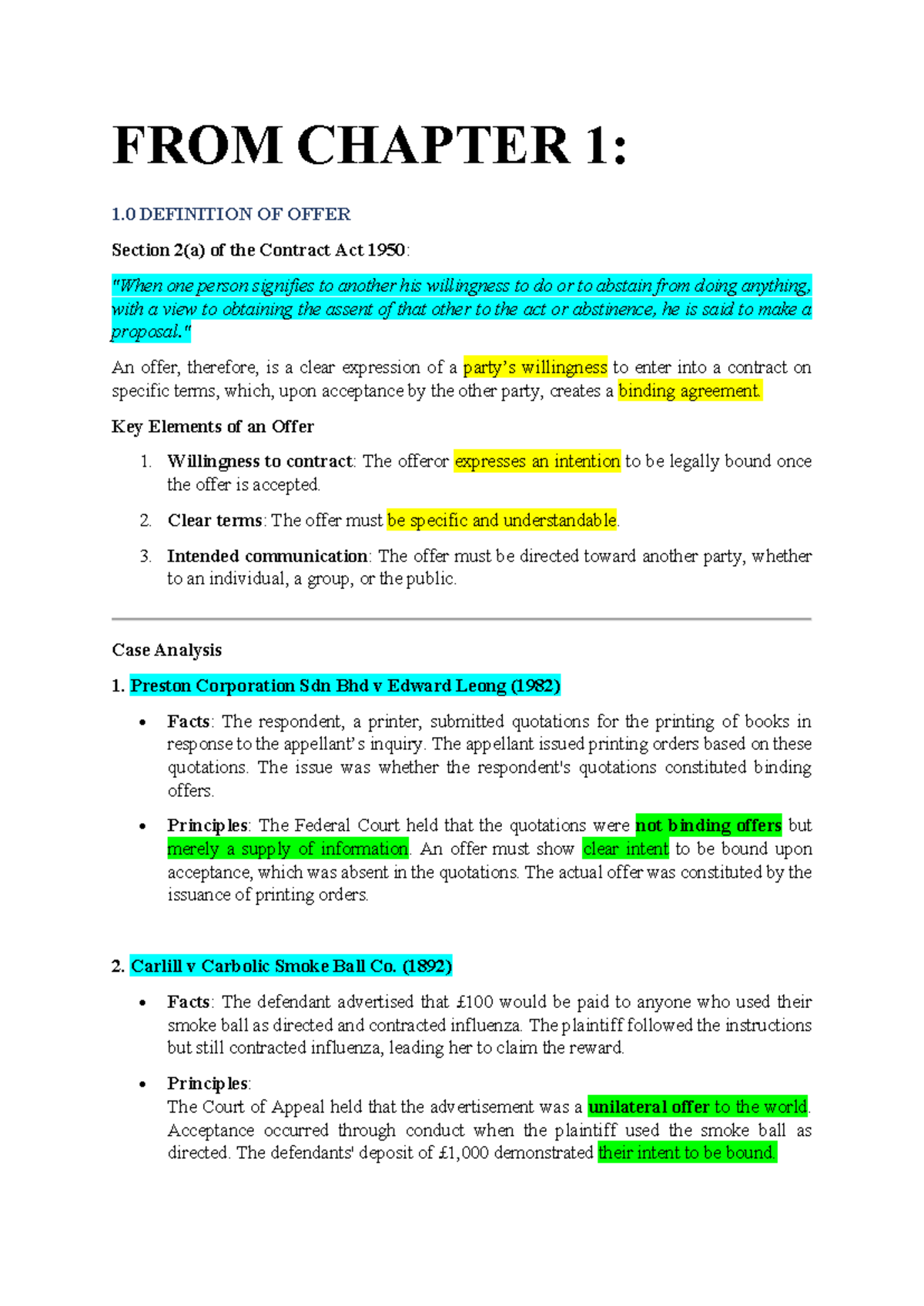 Contract Law Notes: Offers, Acceptance & Legal Relations (LAW101) - Studocu