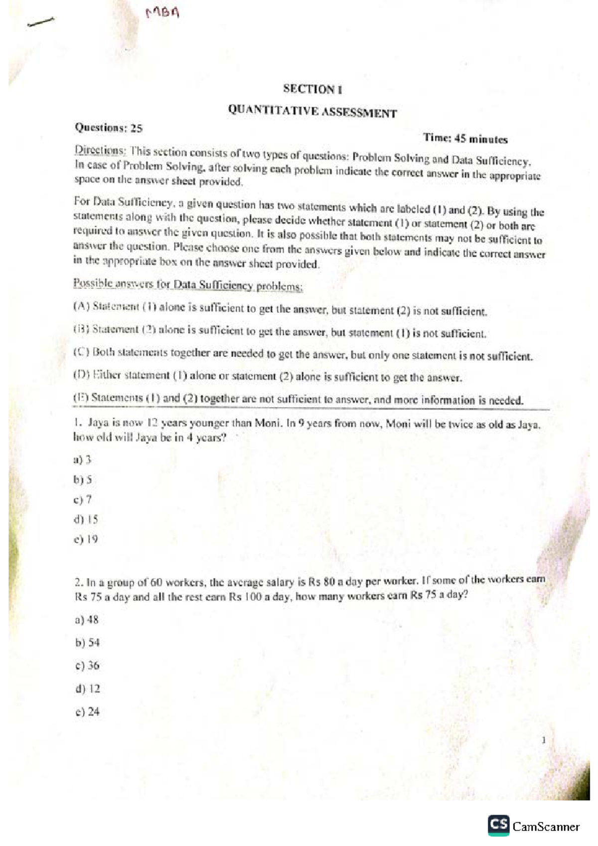 MBA Compressed Section I Quantitative Assessment Sample Questions - Document Preview