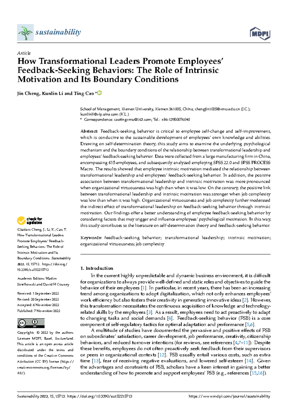 Transformational Leadership and FSB: The Role of Intrinsic Motivation ...