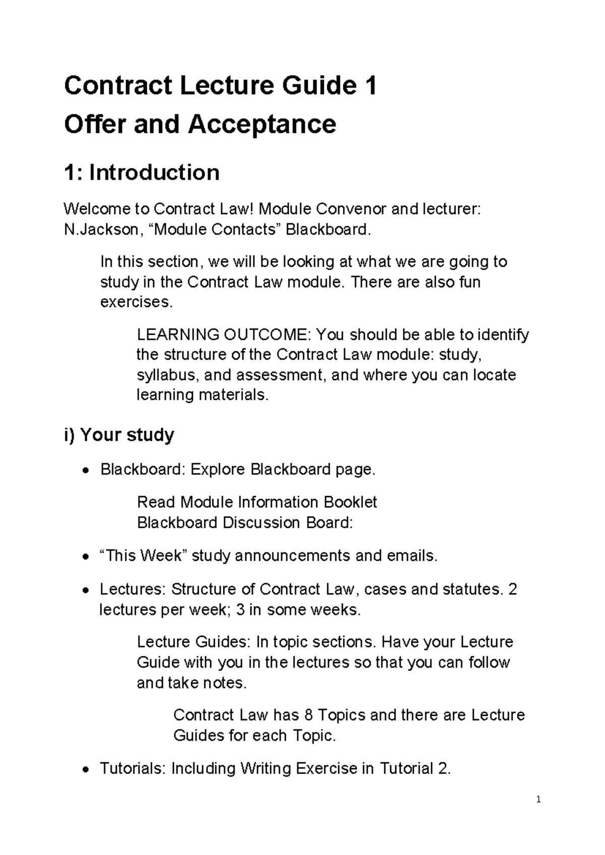 Contract Law Lecture Guide: Understanding Offer and Acceptance - Studocu
