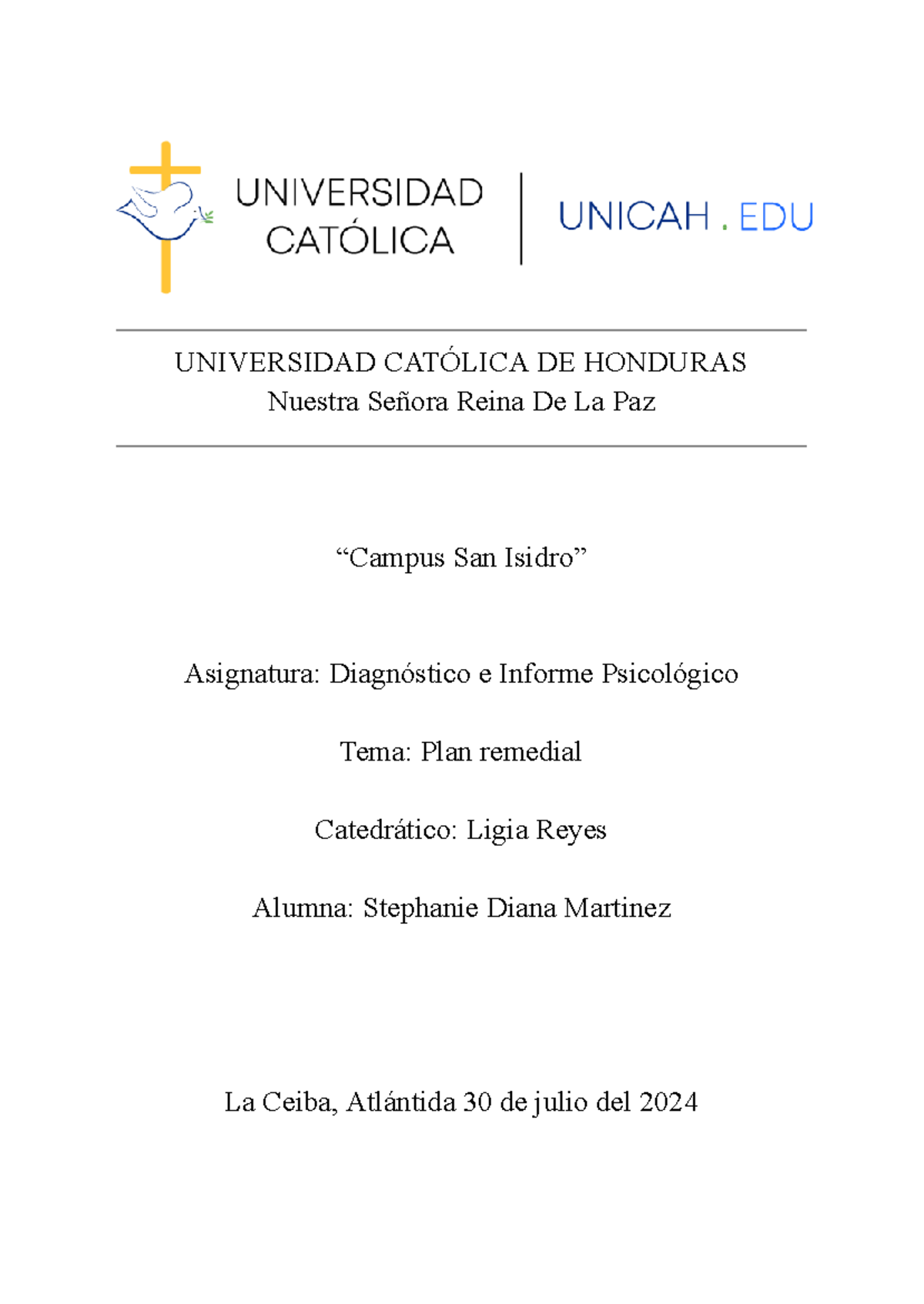Plan Remedial para Cristel - Diagnóstico Psicológico CTGH - Studocu