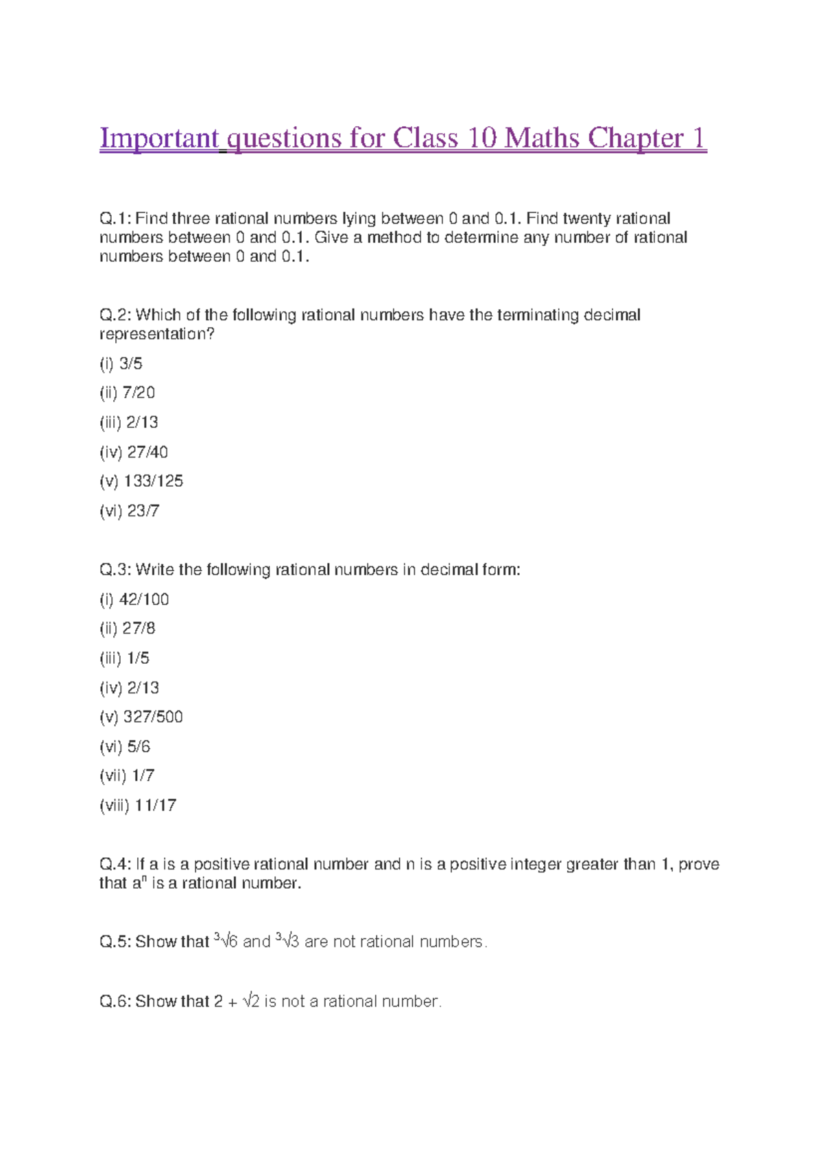Important Questions for Class 10 Maths Chapter 1 Analysis - Studocu