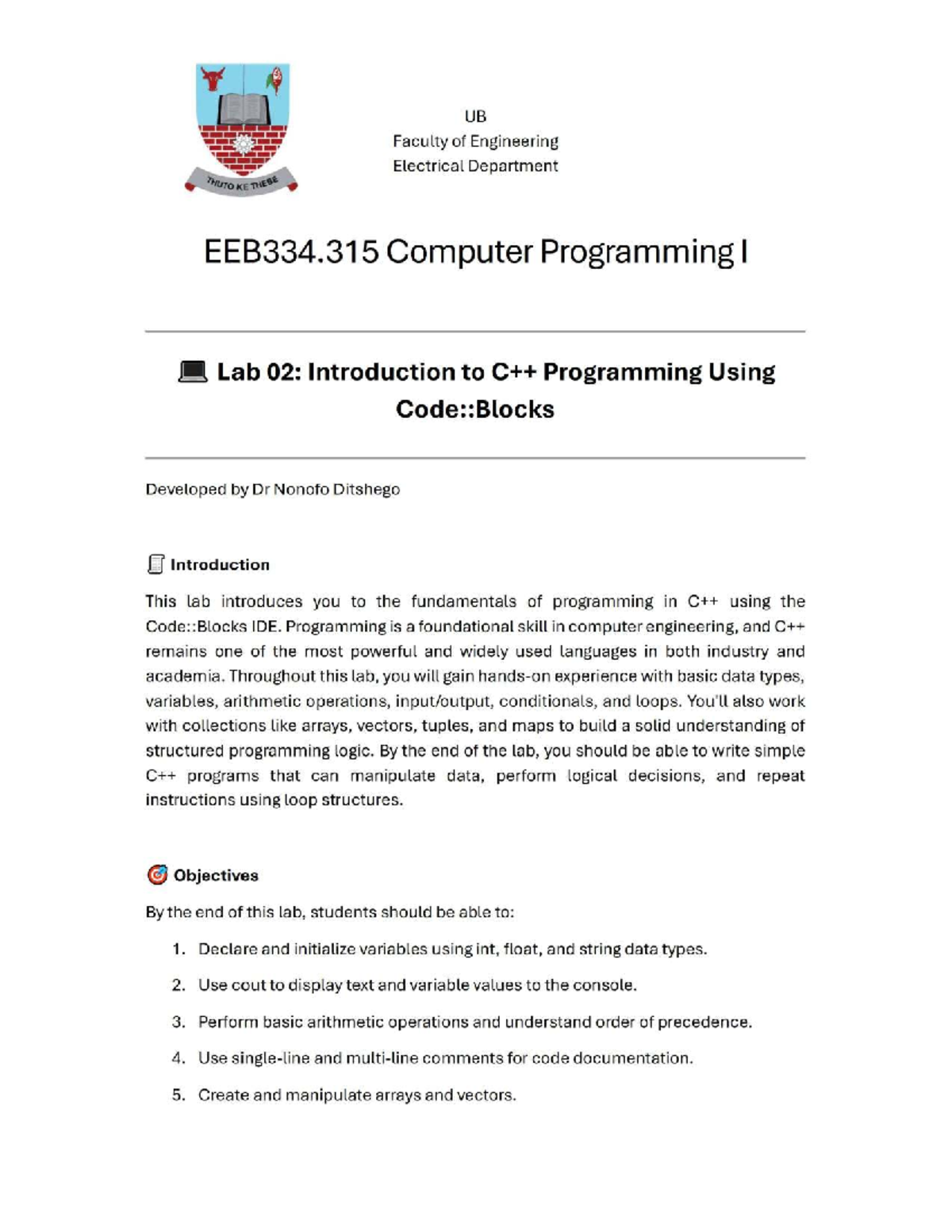 EEB334.315 Computer Programming Lab 02: Intro to Code::Blocks ...