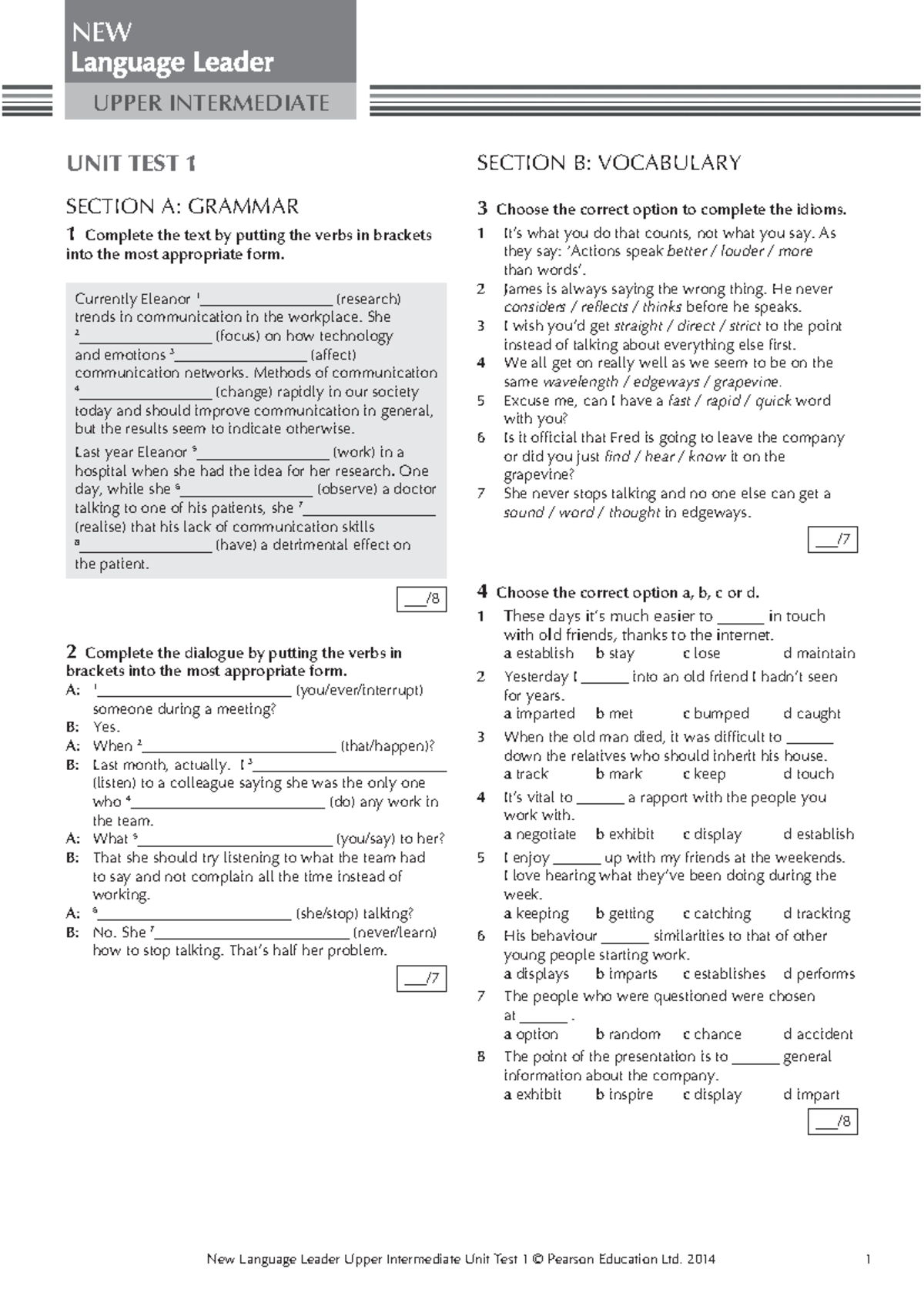 New Language Leader Upper Intermediate Unit 1 Test Review - Studocu