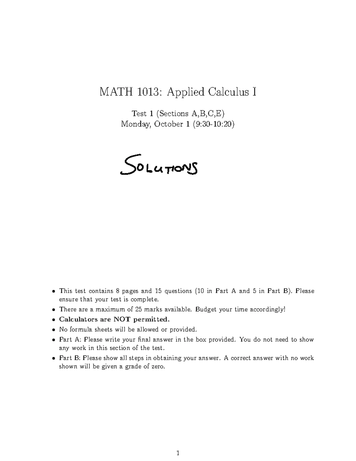 M1013W TEST 1 Practice: Applied Calculus I Overview and Questions - Studocu