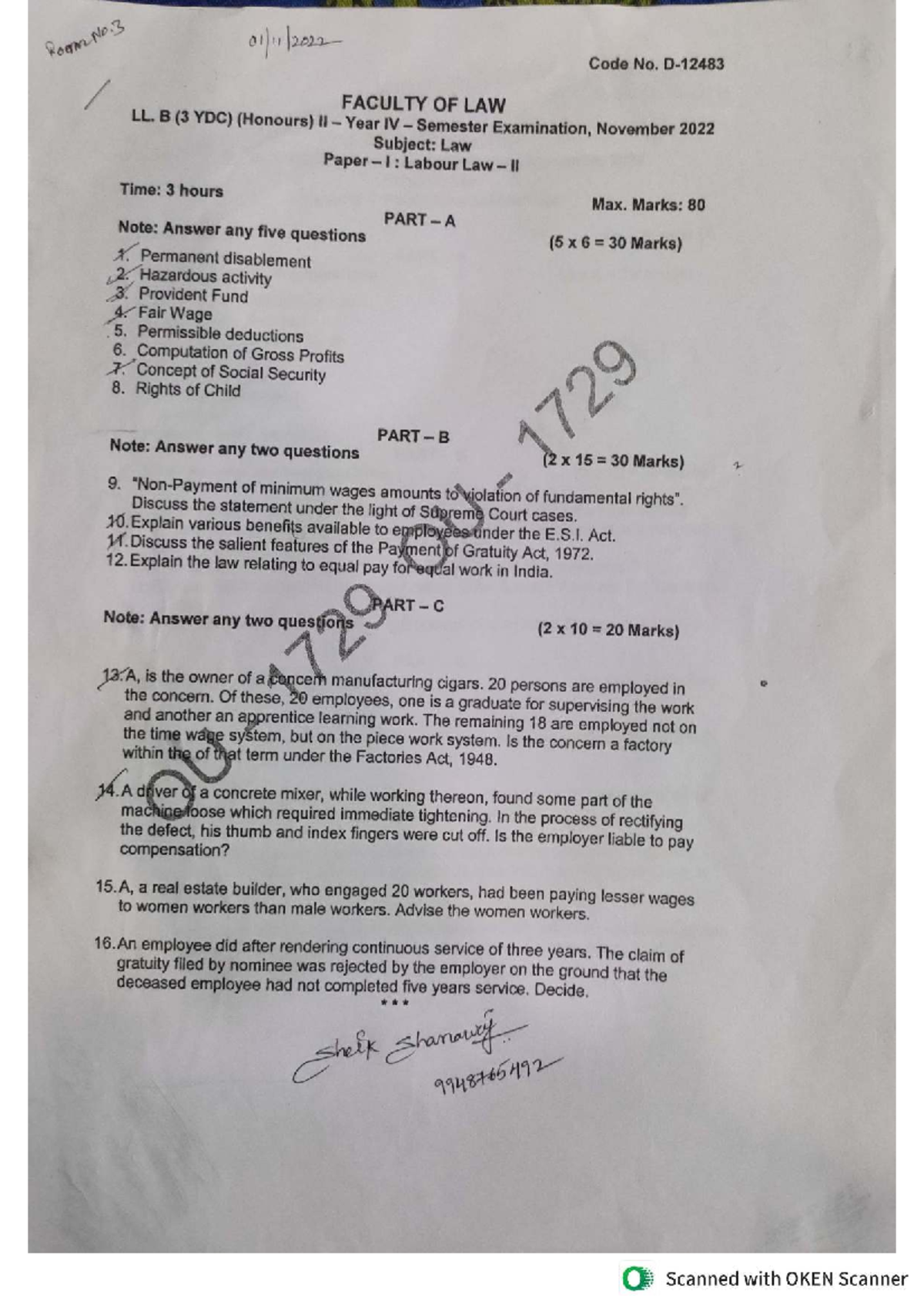 LL.B. (3 YDC) IV Semester Exam Question Papers: Labour Law II & Public ...