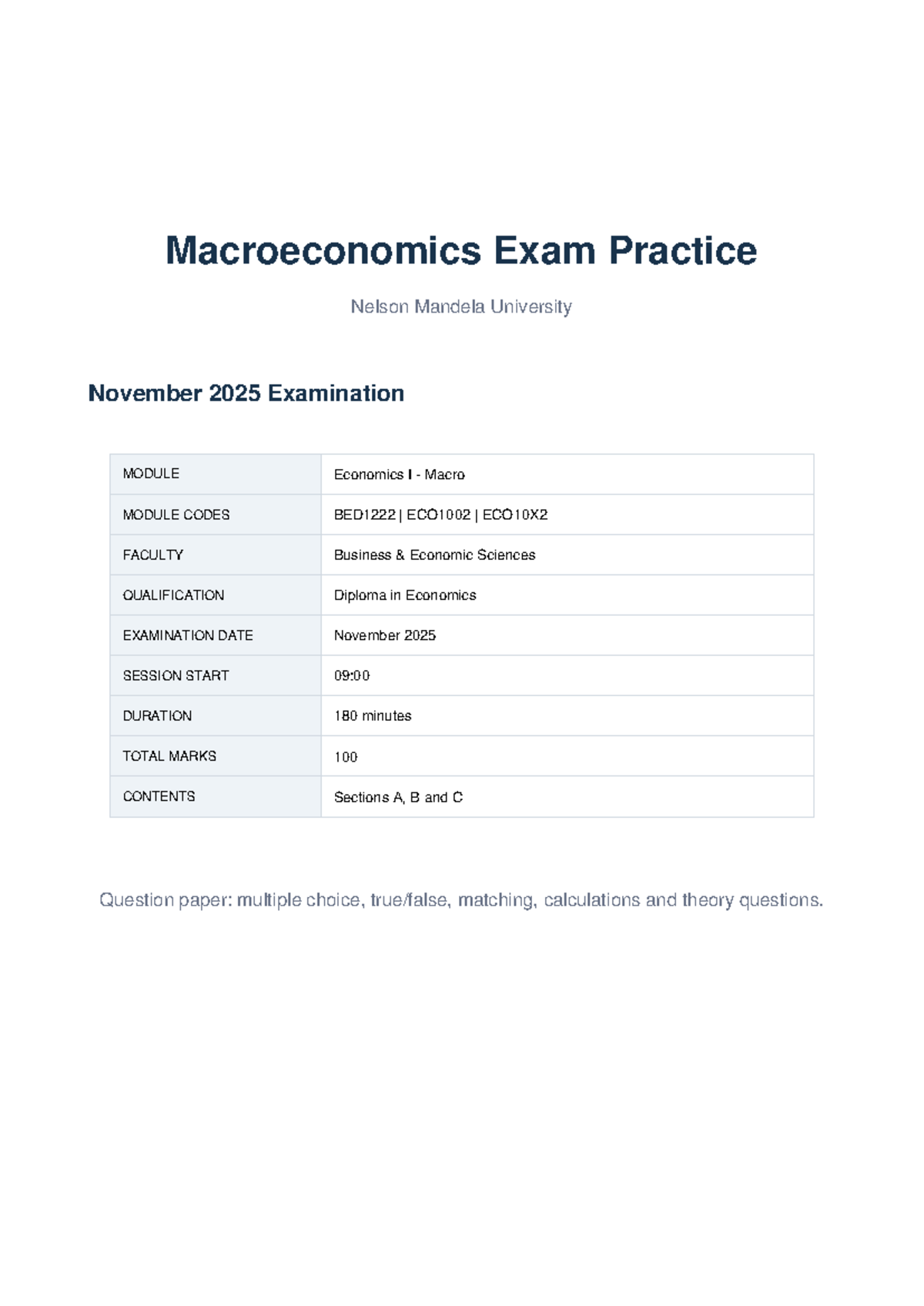 Macroeconomics Exam Practice ECO1002 November 2025 - Studocu