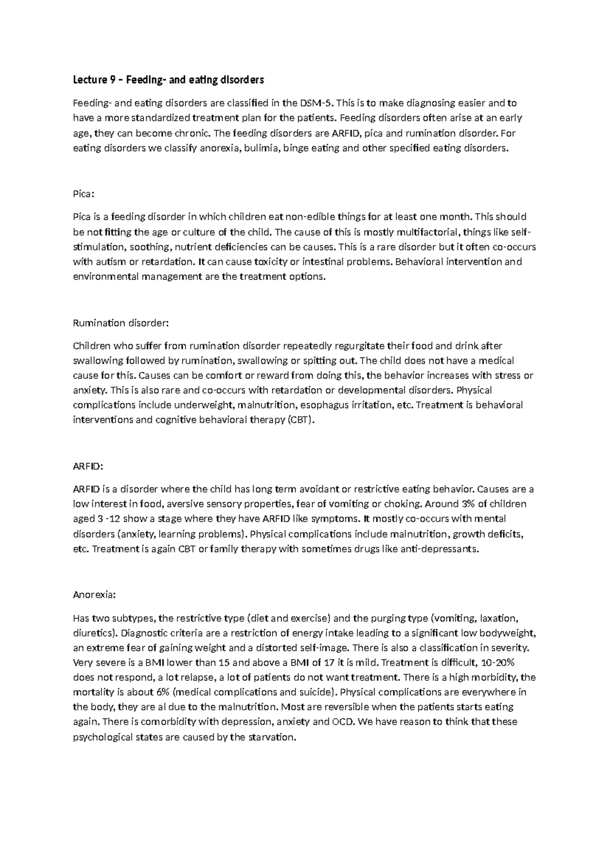 Lecture 9 - Overview of Feeding and Eating Disorders - Studeersnel