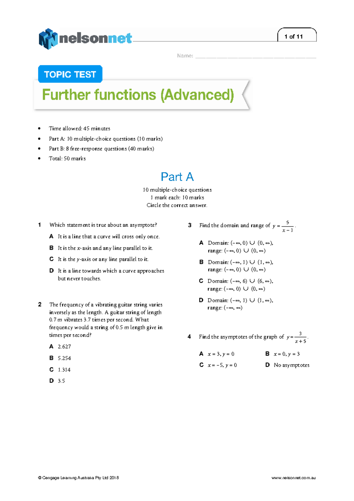 Advanced Further Functions Topic Test (45 min) - Math 101 - Studocu