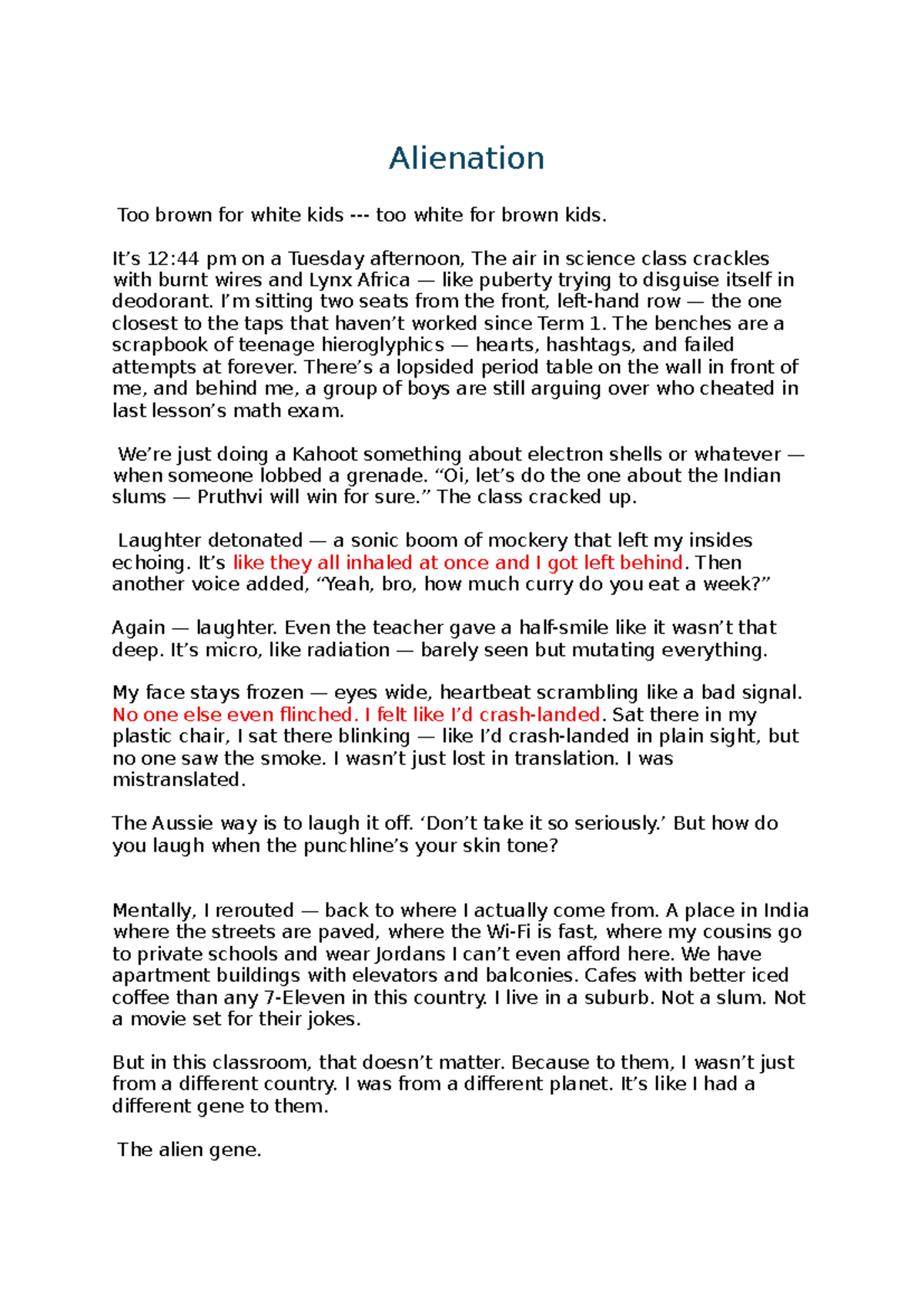 Alienation: A Creative Writing Story (2025) - 24/25 - Studocu