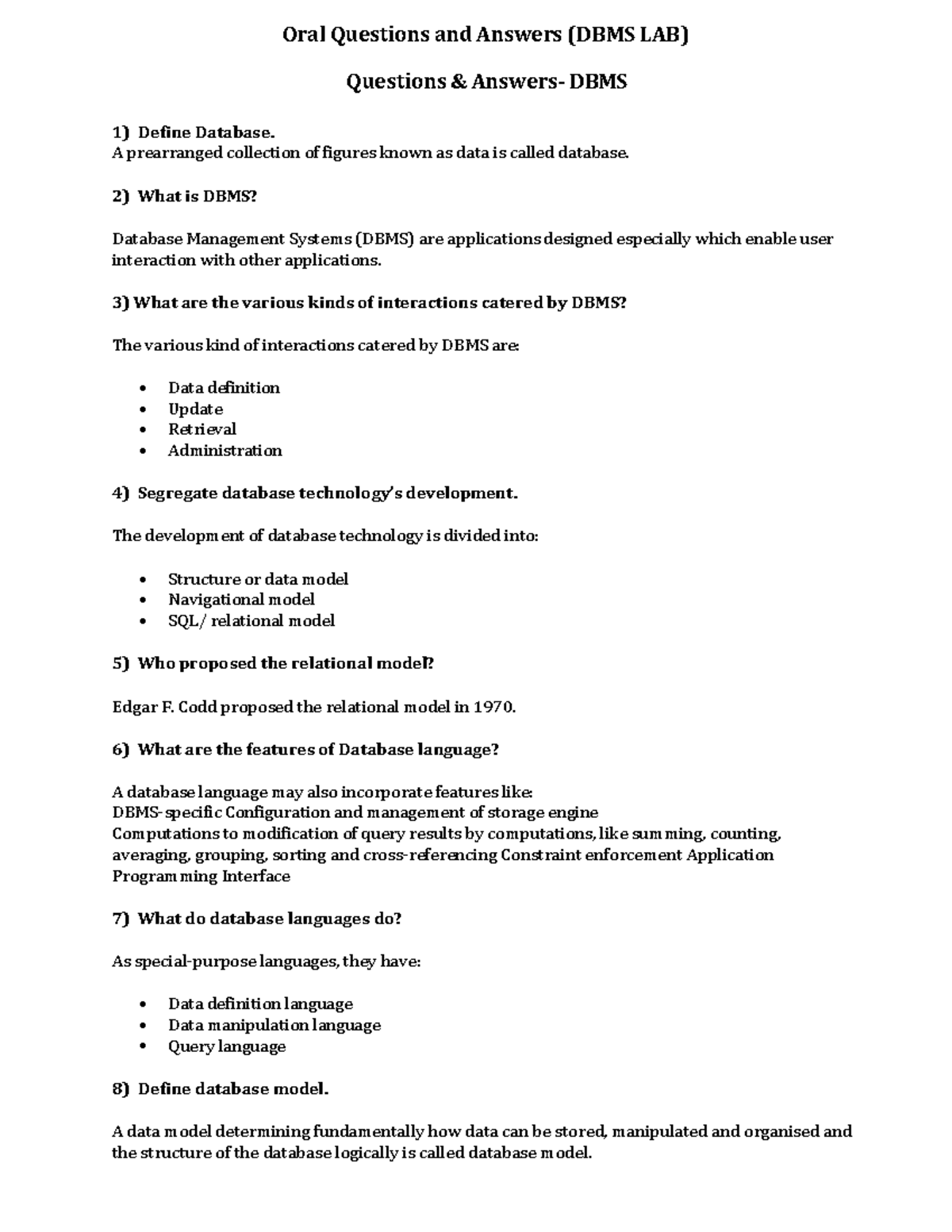 Oral Questions and Answers for DBMS LAB (Final Exam Review) - Studocu