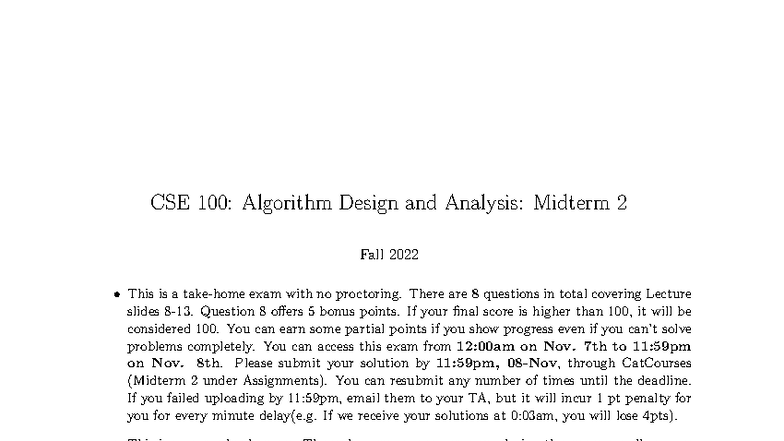 CSE 100: Algorithm Design and Analysis - Midterm 2 Solutions Fall 2022 ...