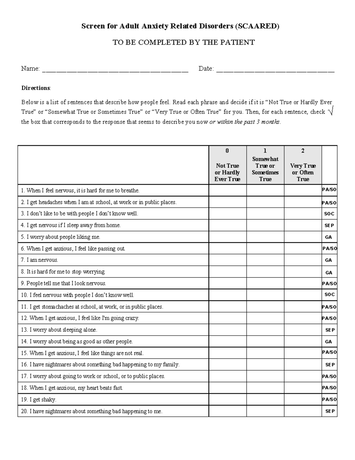 SCAARED: Screening Tool for Adult Anxiety Disorders Assessment - Studocu