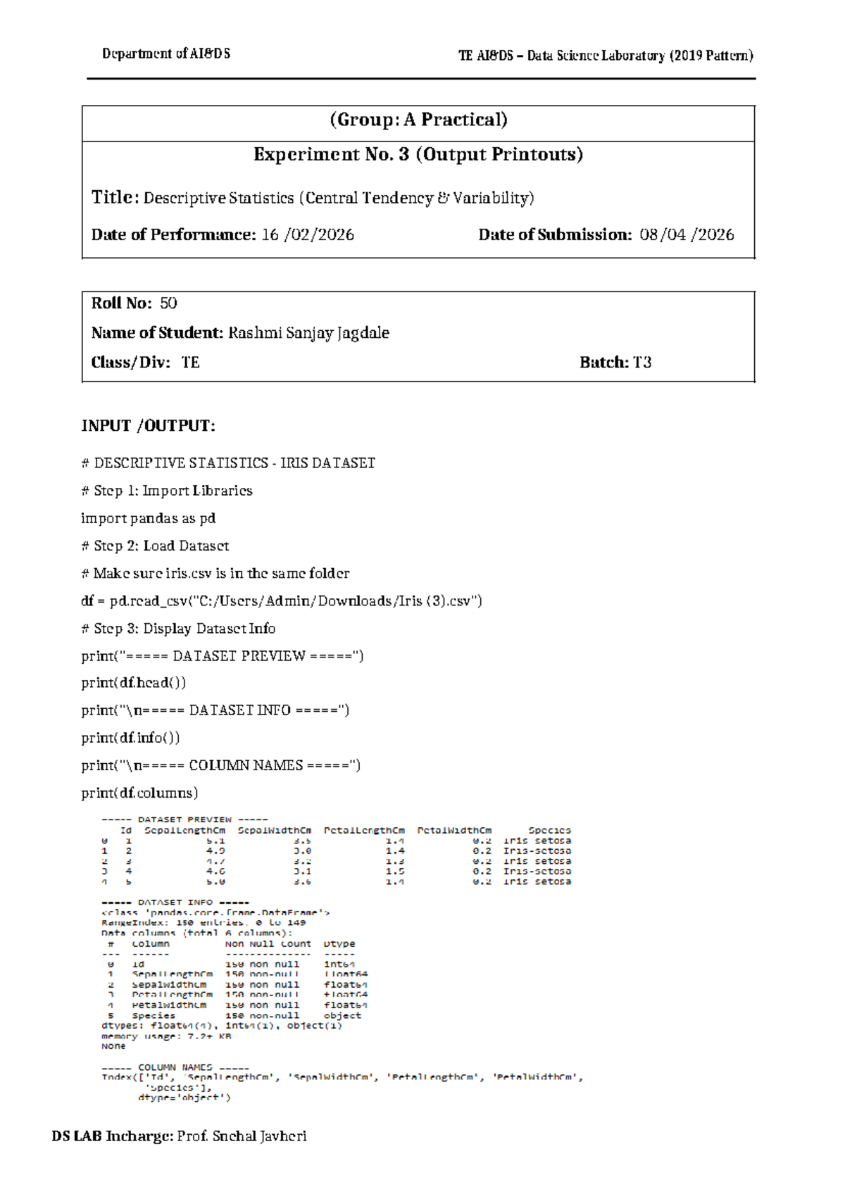 TE Data Science Lab (2019 Pattern) Experiment 3: Descriptive Stats ...