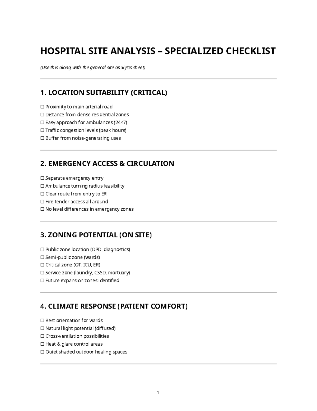 HOSPITAL SITE ANALYSIS CHECKLIST: SPECIALIZED FACTORS - Studocu