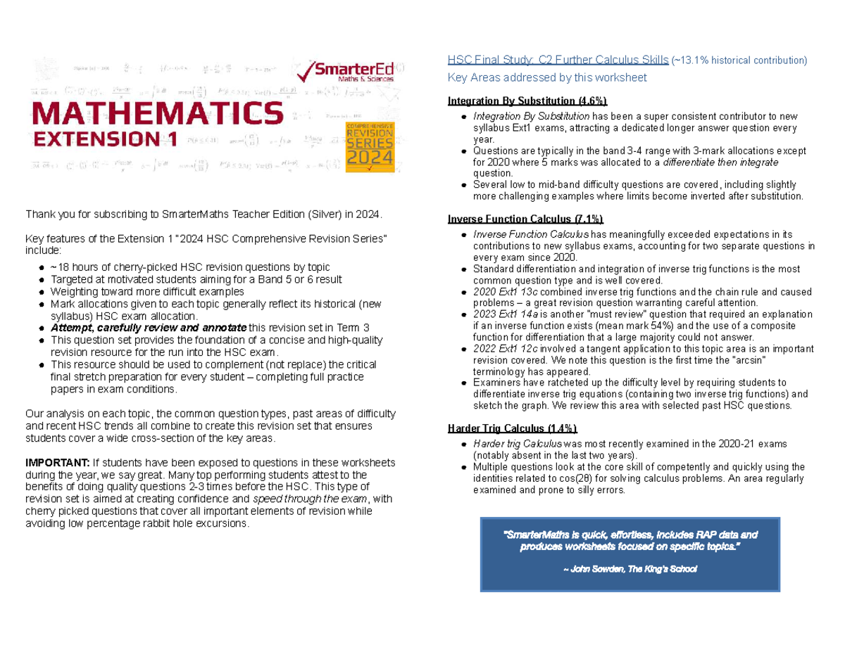 2024 HSC Comprehensive Revision: EXT1 C2 Final Study on Calculus - Studocu