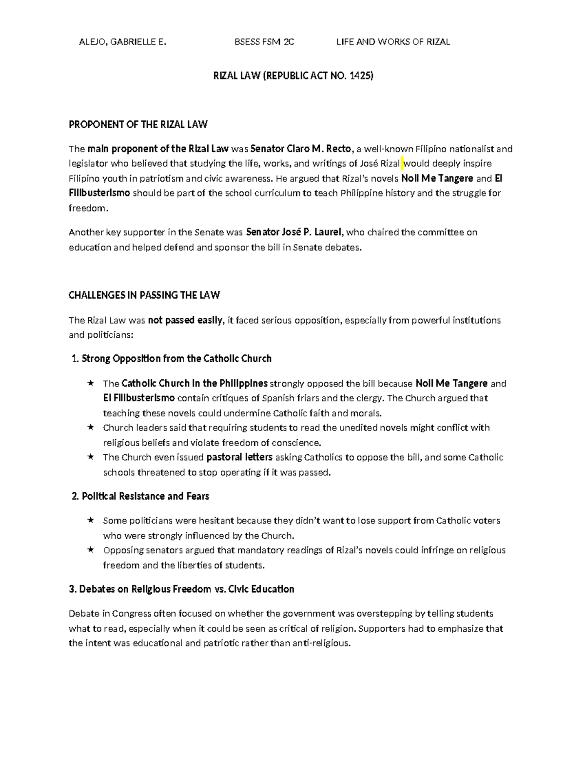 BSESS FSM 2C Final Exam Notes on Rizal Law and Its Proponents - Studocu