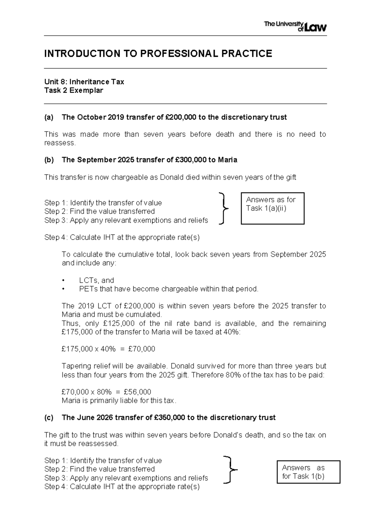 Inheritance Tax Calculations: Unit 8 Task 2 Exemplar Guide - Studocu