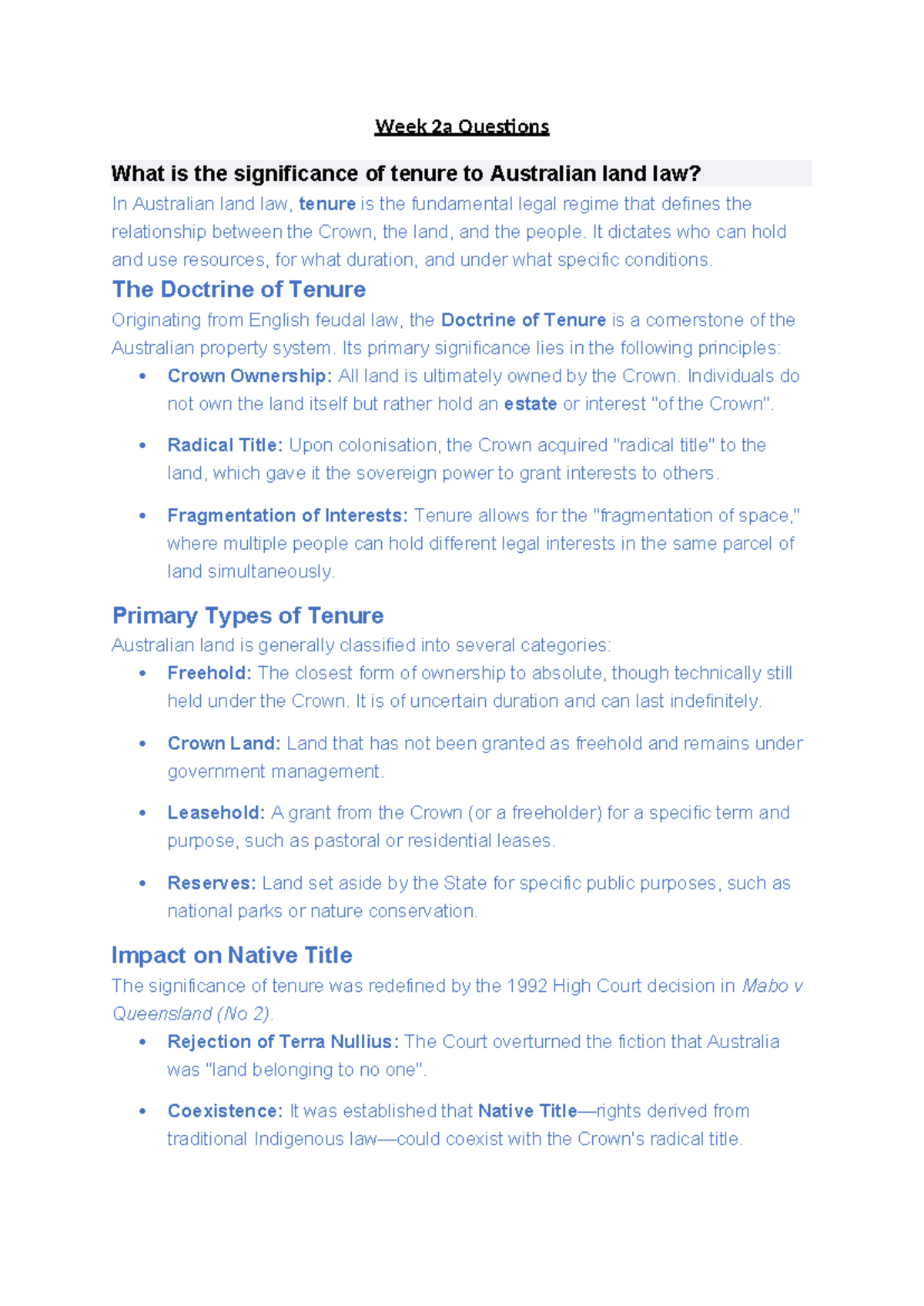 Week 2a Questions: Significance of Tenure in Australian Land Law - Studocu
