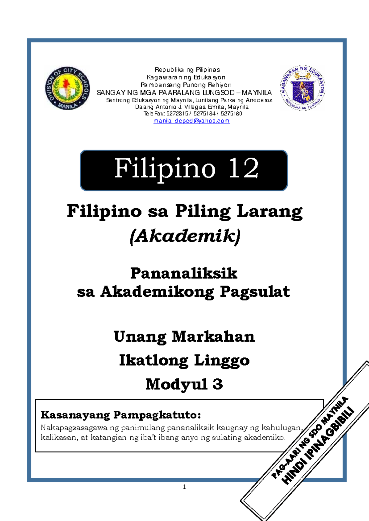 Filipino 12 Q1 Modyul 3: Pananaliksik sa Akademikong Pagsulat - Studocu