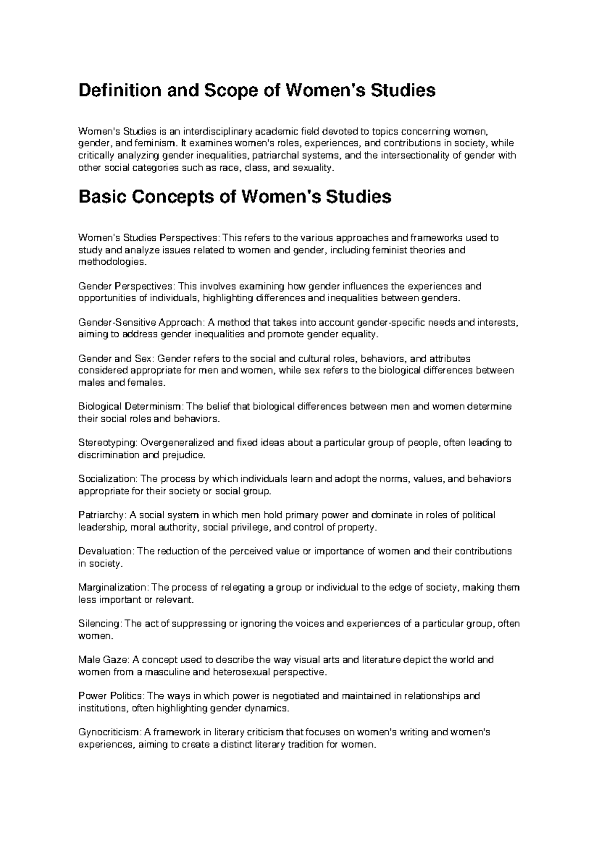 Women’s Studies Concepts & Frameworks: Definitions and Perspectives ...