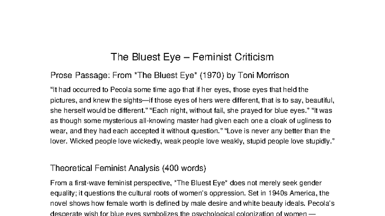 Feminist Critique of The Bluest Eye: Analyzing Race & Gender - Studocu
