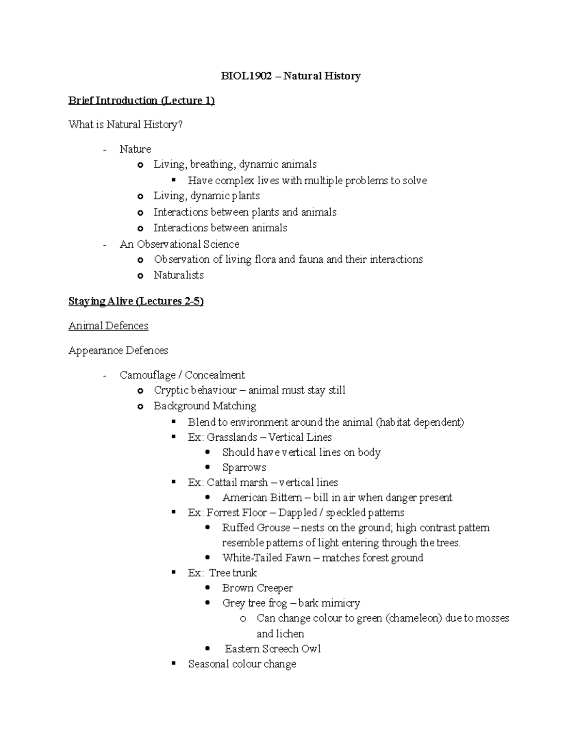 BIOL1902 Lectures 1-5 Notes - BIOL1902 – Natural History Brief ...
