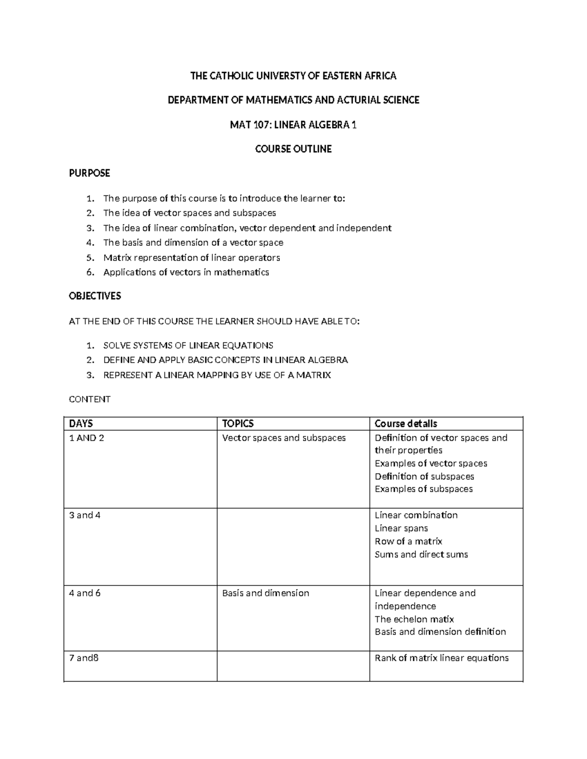 MAT 107: Linear Algebra 1 Course Outline and Objectives - Studocu