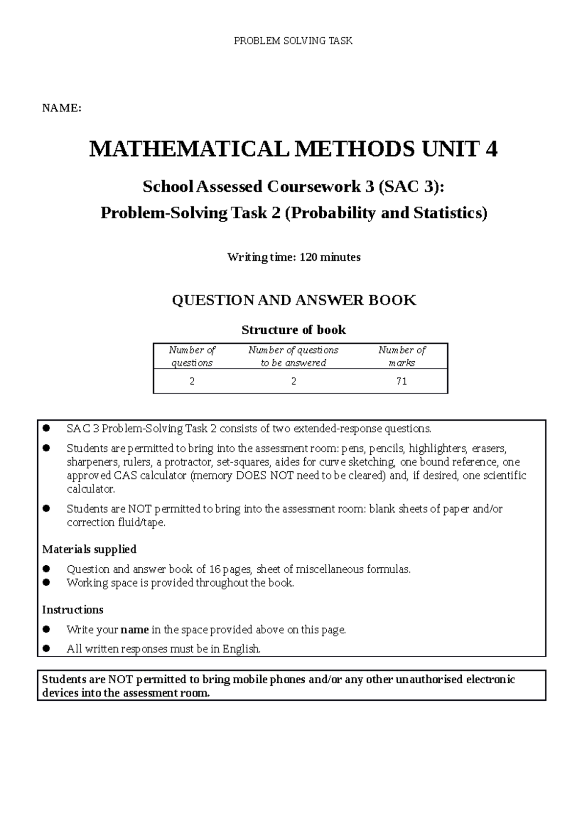 Practice SAC 3: Probability Solutions for Mathematical Methods Unit 4 ...